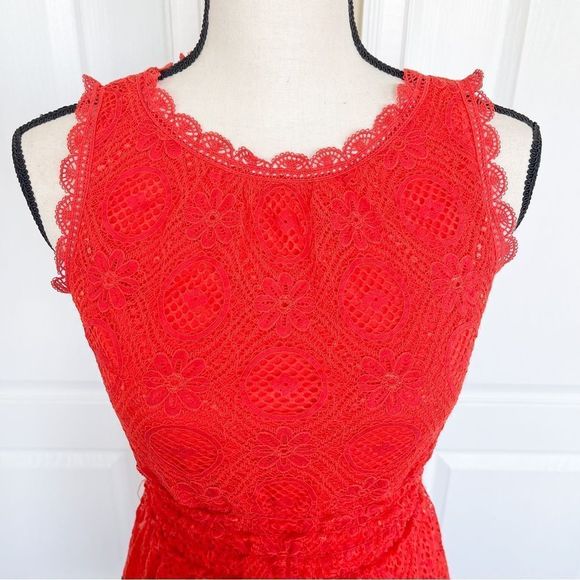 Max Studio XS Red Orange Bright Cheerful Floral Lacy Layered Sleeveless Dress - Picture 3 of 13